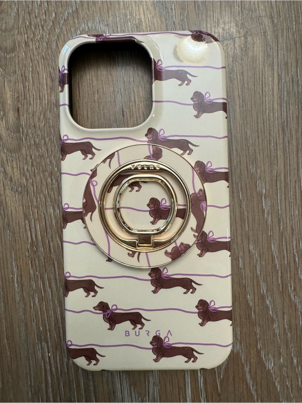 Bürga Cream Dachshund Pattern iPhone 15 ProMax Mag Safe Case with Gold Ring Grip